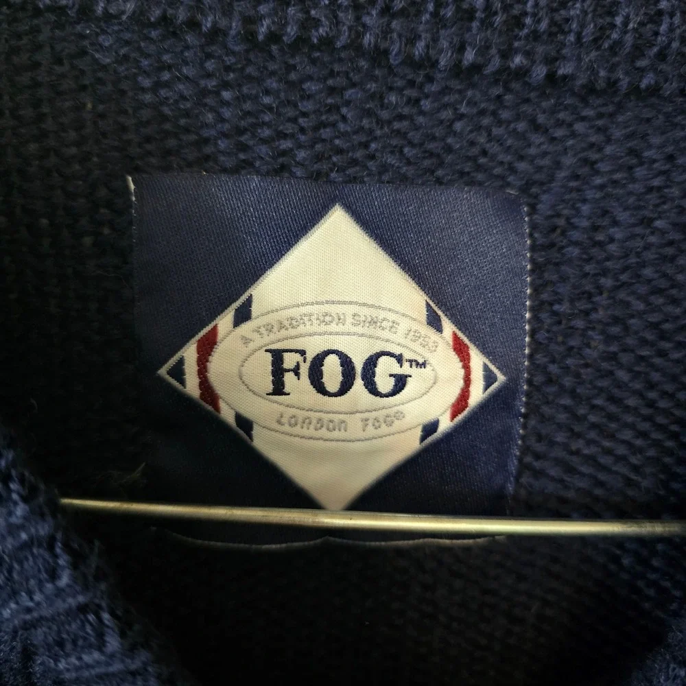London Fog Vintage 90s Wool Sweater Large Navy Colorblock Geometric Chunky Knit‎